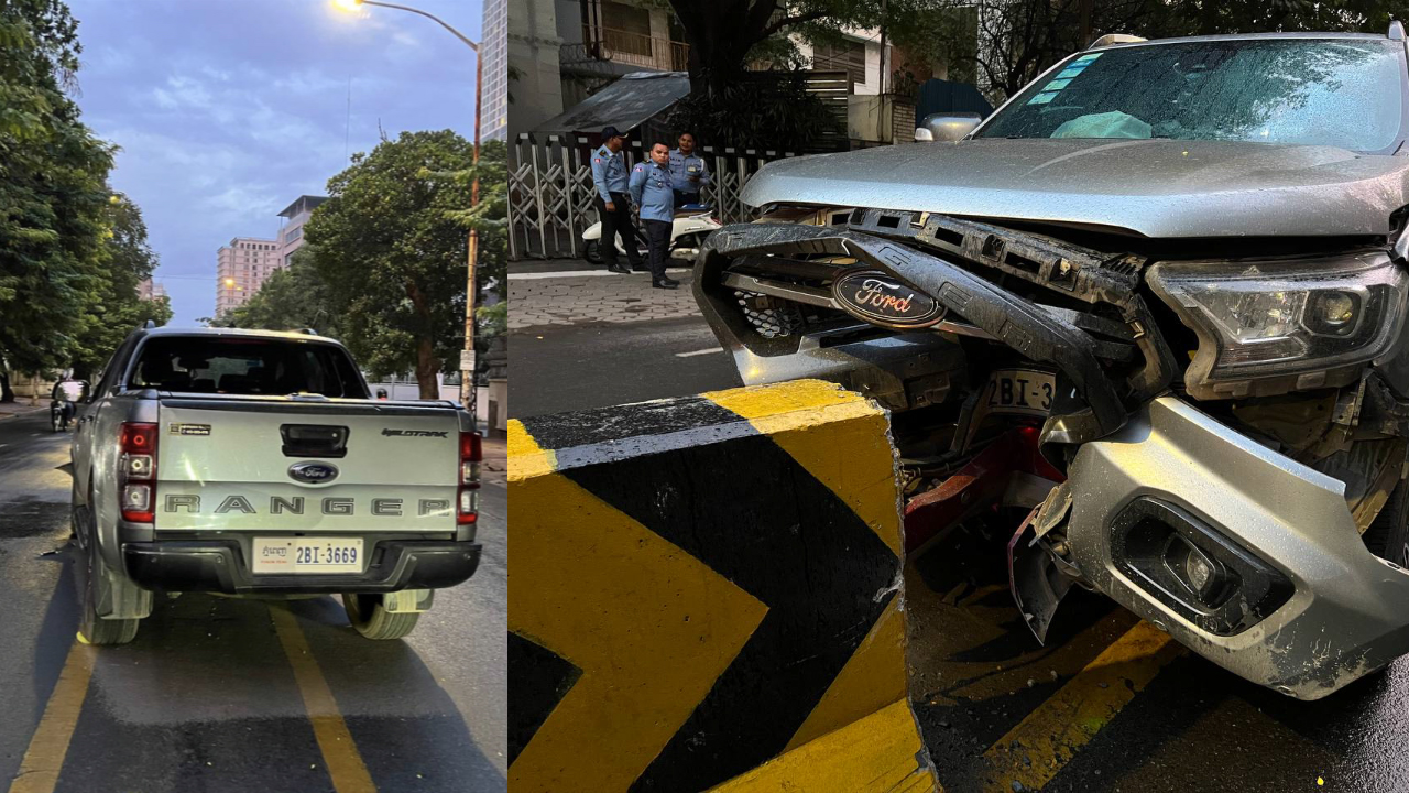 បុរសម្នាក់បើករថយន្ត Ford Ranger យ៉ាងលឿនមិនប្រយ័ត្នជ្រុលទៅបុករបាំងថ្មពុះចែកទ្រូងផ្លូវរងការខូចខាត