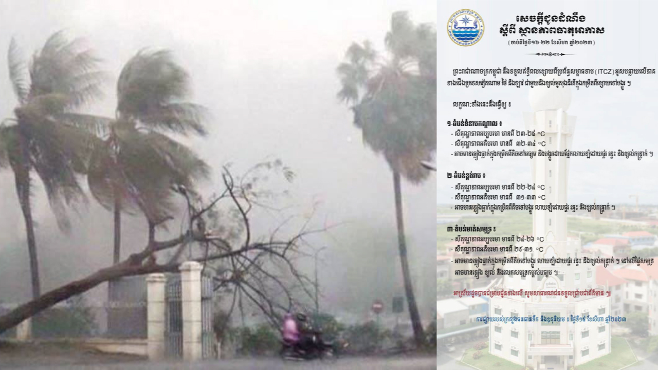ក្រសួងធនធានទឹក៖ ចាប់ពីថ្ងៃទី១៦-២២ ខែសីហានេះ អាចមានភ្លៀងធ្លាក់ពីមធ្យម ទៅបង្គួរលាយឡំដោយផ្គរ រន្ទះ ខ្យល់កន្ត្រាក់