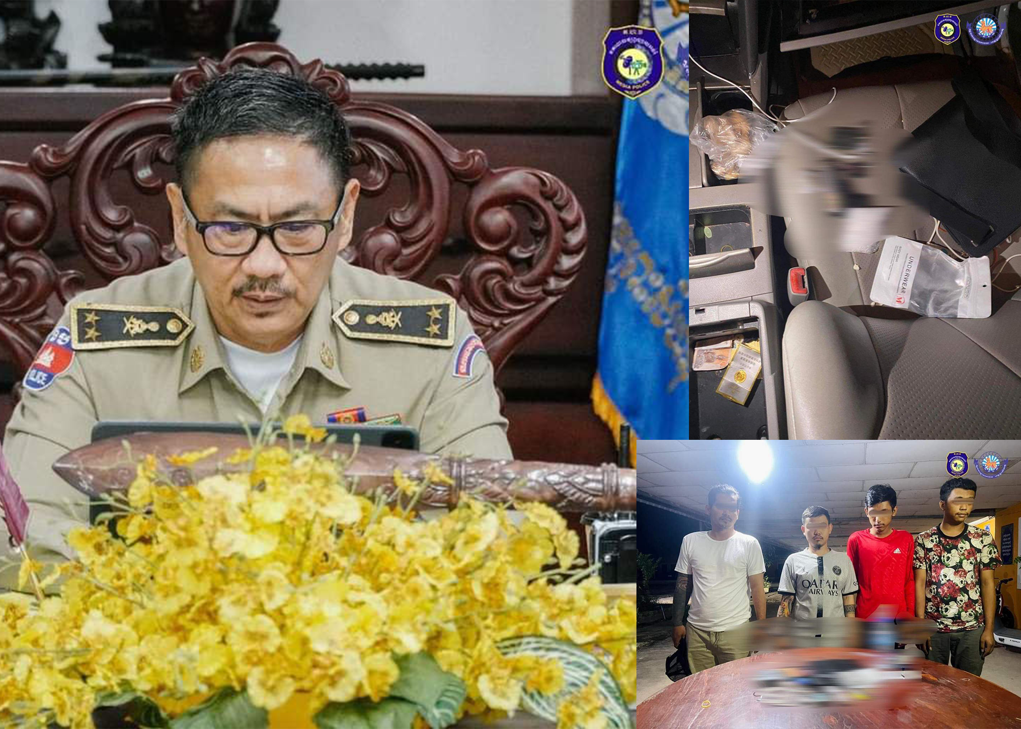 ឃាត់ខ្លួនជនសង្ស័យ ចំនួន ០៤នាក់ ប្រើប្រាស់រថយន្តអត់ពន្ធ កាន់កាប់អាវុធដោយគ្មានច្បាប់អនុញ្ញាត និងពាក់ព័ន្ធជួញដូរគ្រឿងញៀន