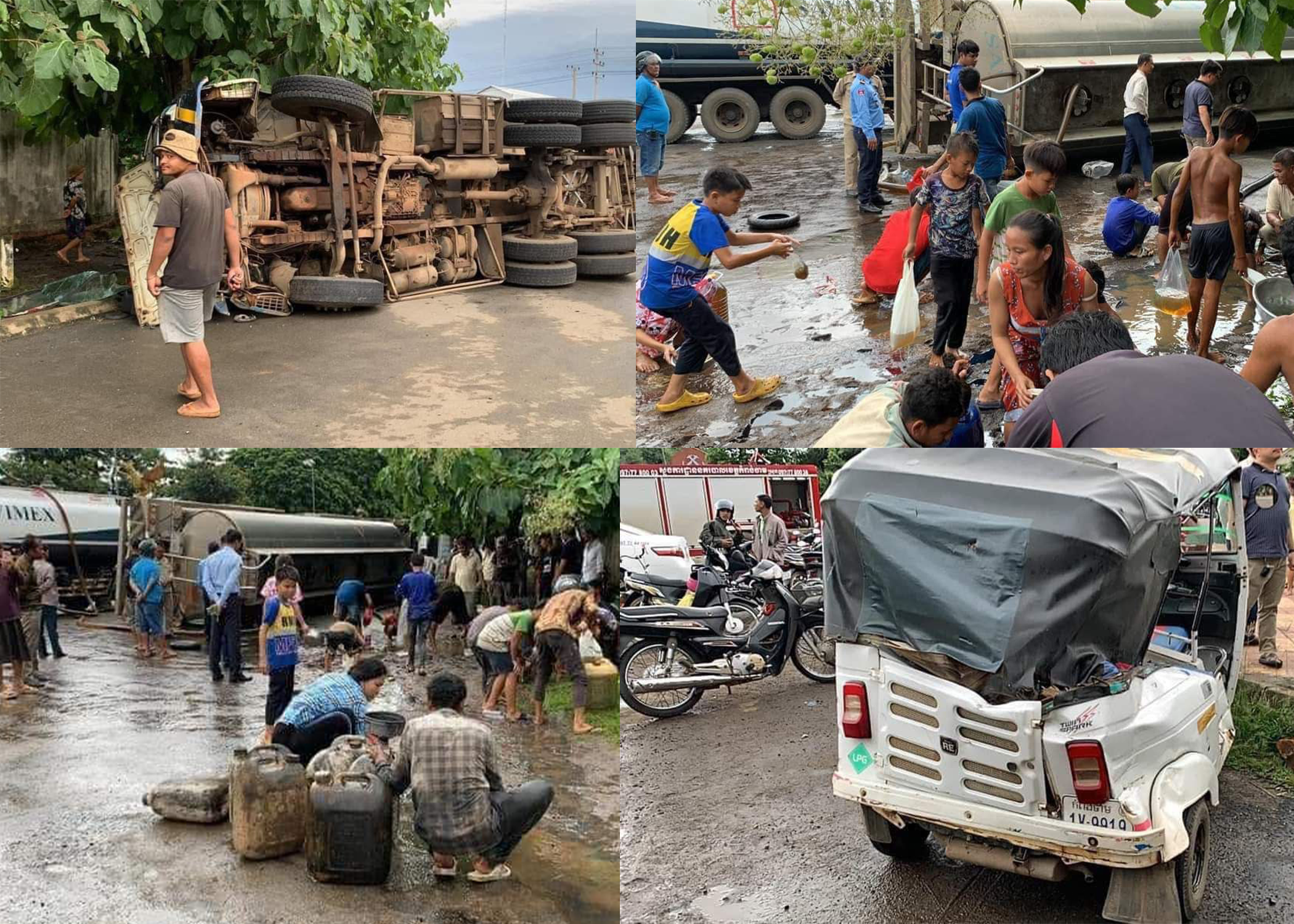 ផ្អើលប្រជាពលរដ្ឋេរាប់រយនាក់ នាំគ្នាឌួសប្រេងម៉ាស៊ូតទុកប្រើប្រាស់ដោយមិនខ្លាចគ្រោះថ្នាក់ ខណៈរថយន្តសណ្តោងស៊ីទែនប្រេងឥន្ធនៈ ០១គ្រឿង រេចង្កូតក្រឡាបសង្កត់លើម៉ូតូកង់បី