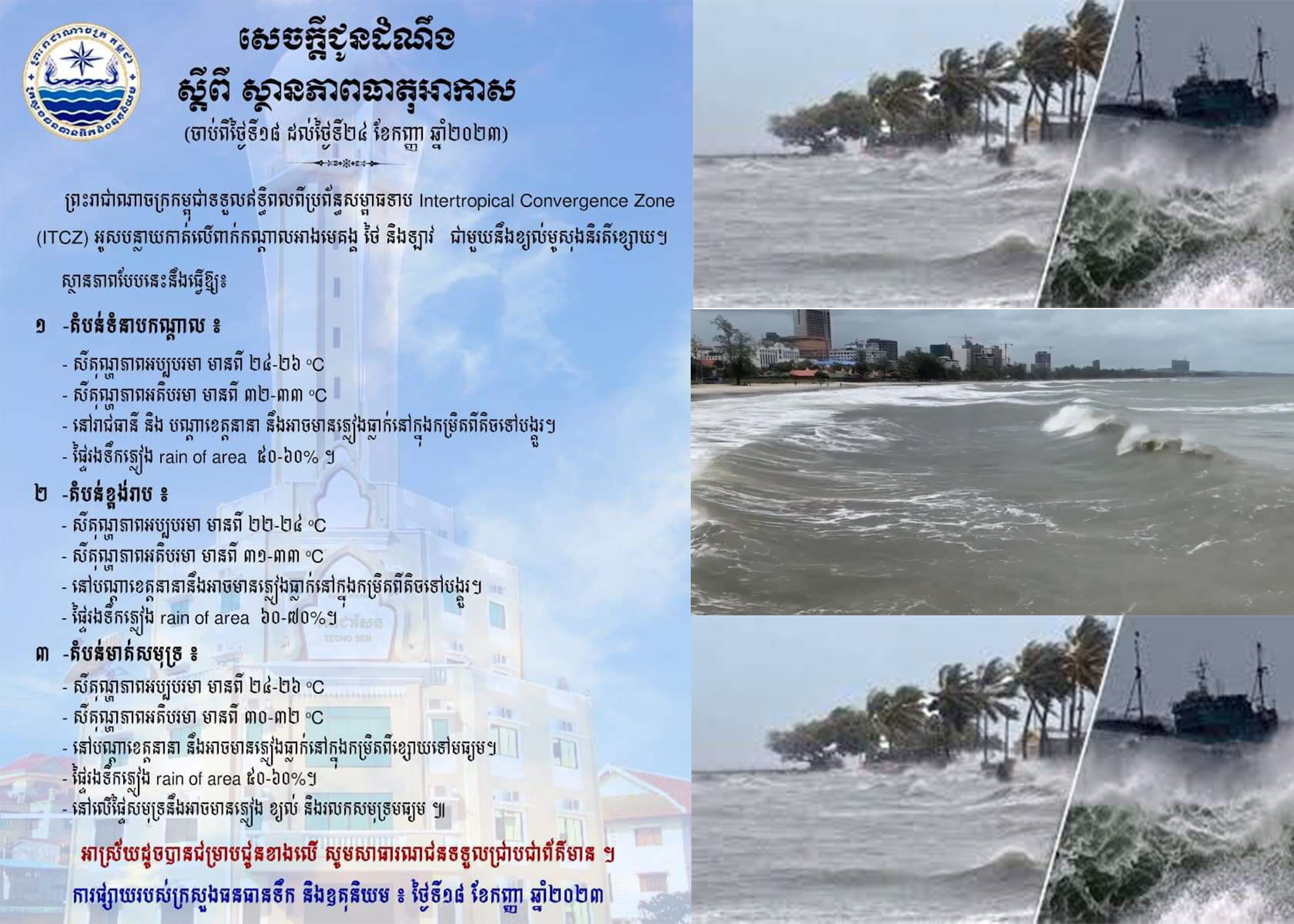 ក្រសួងធនធានទឹក ចេញសេចក្តីជូនដំណឹងស្តីពីការព្យាករធាតុអាកាសចាប់ពីថ្ងៃទី១៨ ដល់ថ្ងៃទី២៤ ខែកញ្ញា ឆ្នាំ២០២៣