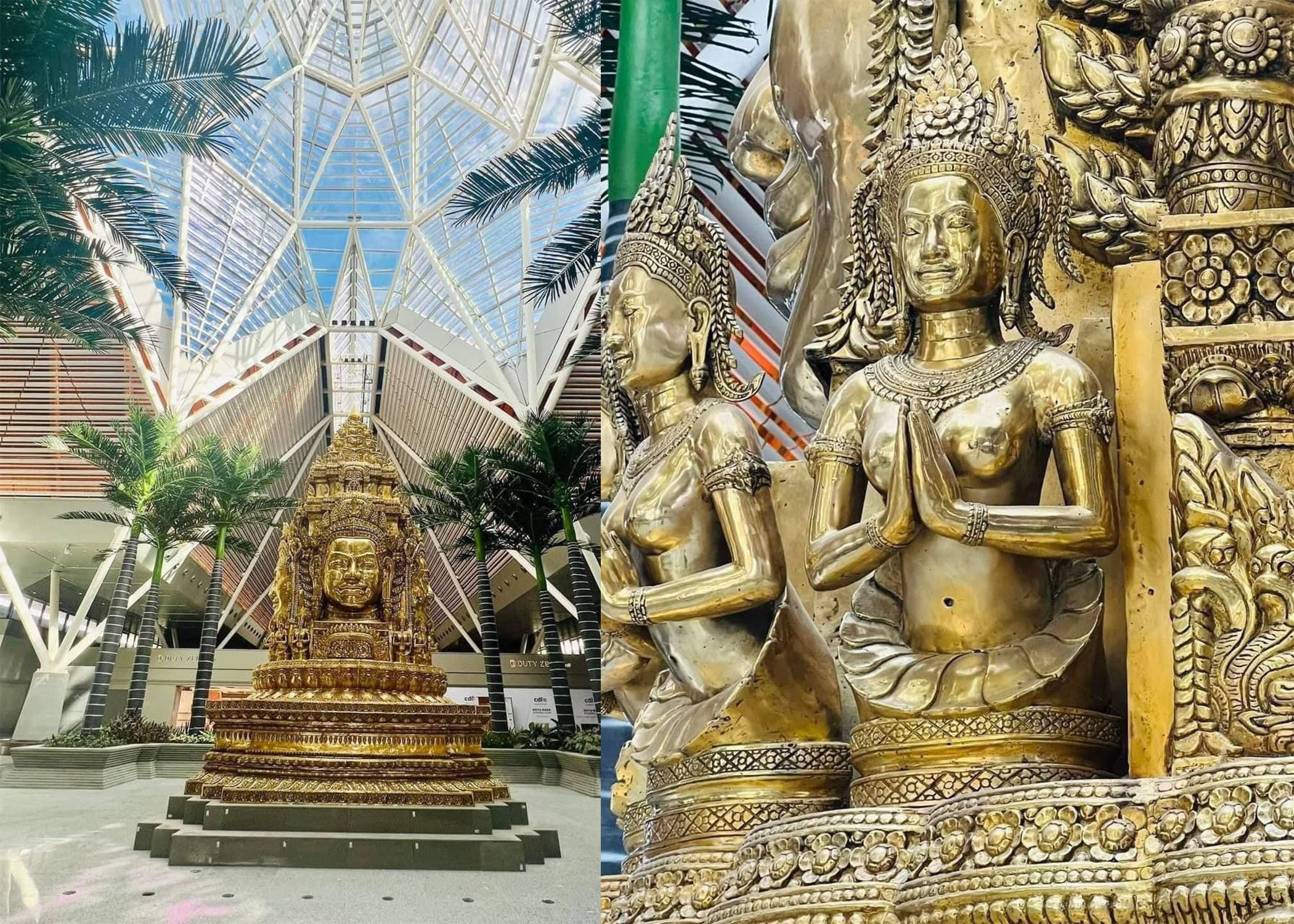 រូបសំណាកព្រហ្មមុខ៤ ពណ៌មាសឆ្អិនឆ្អៅ មានកម្ពស់ ៧ម៉ែត្រ និងទម្ងន់ ៦តោនបានសាងសង់រួចរាល់ នៅអាកាសយានដ្ឋានសៀមរាបថ្មី
