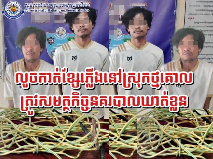 នគរបាលស្រុកថ្មគោលឃាត់ខ្លួនបុរសម្នាក់ក្នុងករណីលួចកាត់ខ្សែភ្លេីងប្រជាពលរដ្ឋក្នុងមូលដ្ឋាន