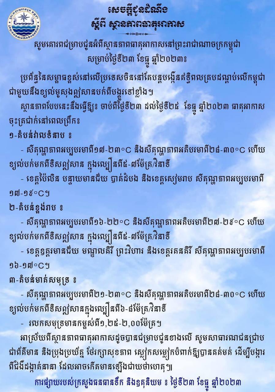 សេចក្តីជូនដំណឹងស្តីពីស្ថានភាពធាតុអាកាស នៅព្រះរាជាណាចក្រកម្ពុជា សម្រាប់ថ្ងៃទី២៣ ខែធ្នូ ឆ្នាំ២០២៣
