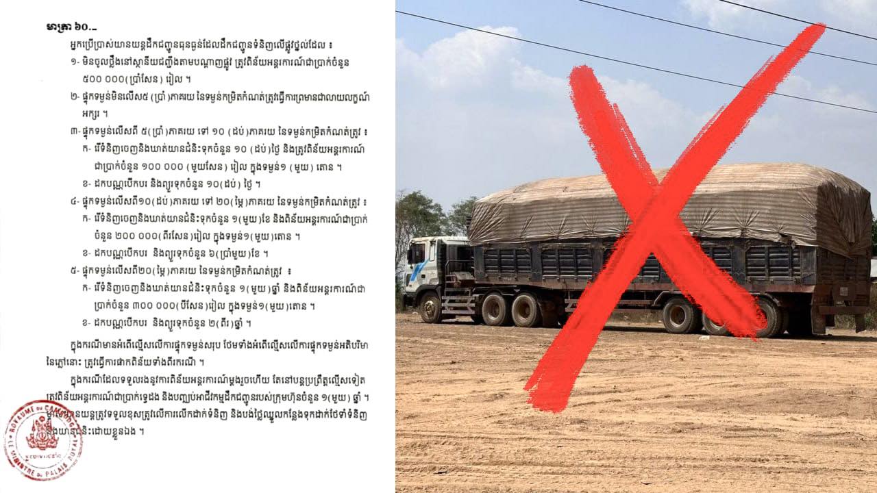 រថយន្ដដឹកលើសទម្ងន់ ០៤ គ្រឿងត្រូវបានពិន័យ និងឃាត់ទុក ០១ឆ្នាំ ក្នុងប្រតិបត្តិការត្រួតពិនិត្យយានយន្តយន្តដឹកជញ្ជូនលើសទម្ងន់កម្រិតកំណត់ នៅស្រុកឆ្លូង ខេត្តក្រចេះ