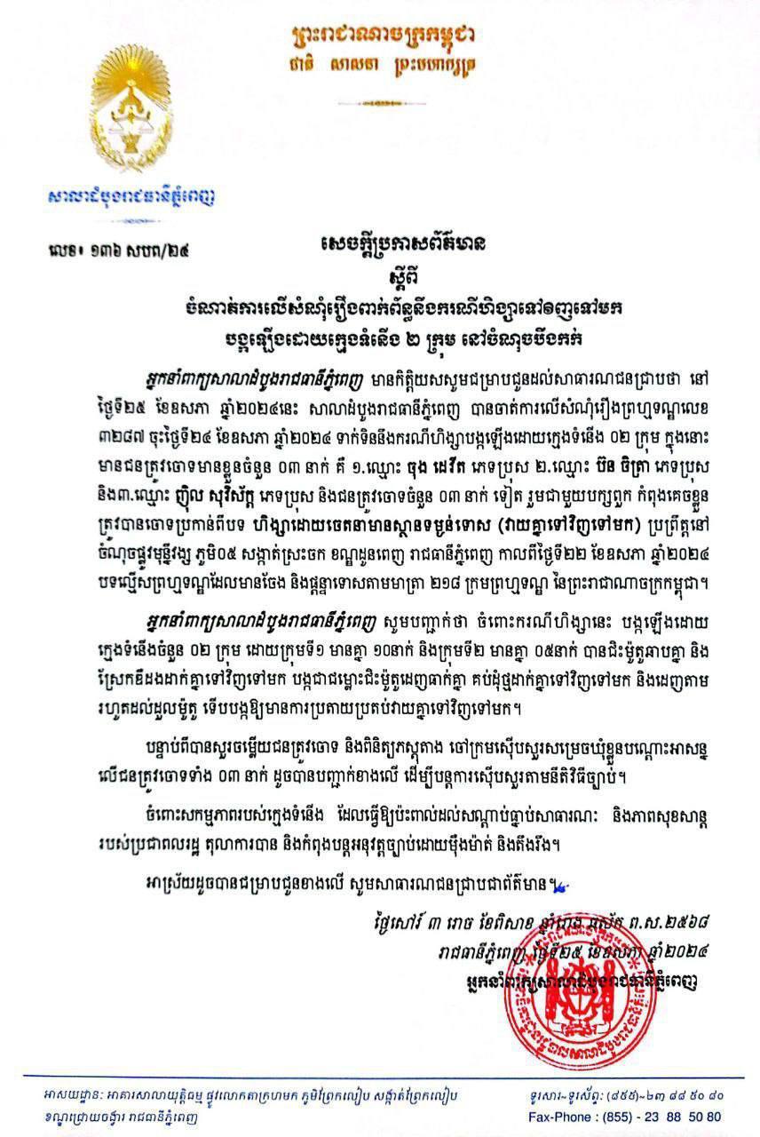 តុលាការចេញដីកាឃុំខ្លួនក្មេងទំនើង៣នាក់ ដាក់ពន្ធនាគារ ករណី ក្រោយដេញវាយគ្នាយ៉ាងអនាធិបតេយ្យនៅតំបន់បឹងកក់ ខណ្ឌដូនពេញ