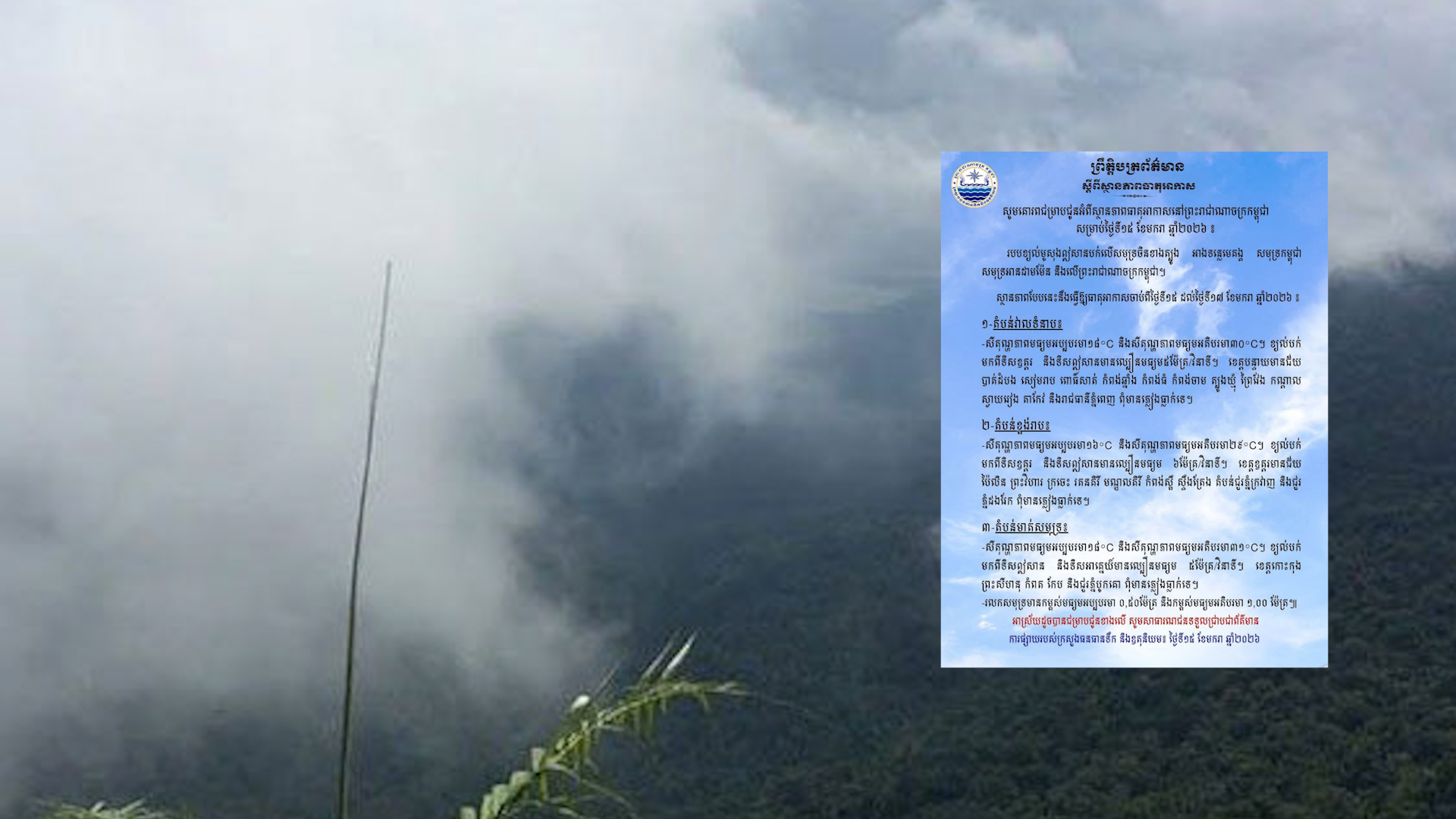 នៅថ្ងៃនេះ ! តាមបណ្តាខេត្ត និងរាជធានីភ្នំពេញ ពុំមានភ្លៀងធ្លាក់ទេ តែតំបន់ជួរភ្នំធ្លាក់ត្រជាក់