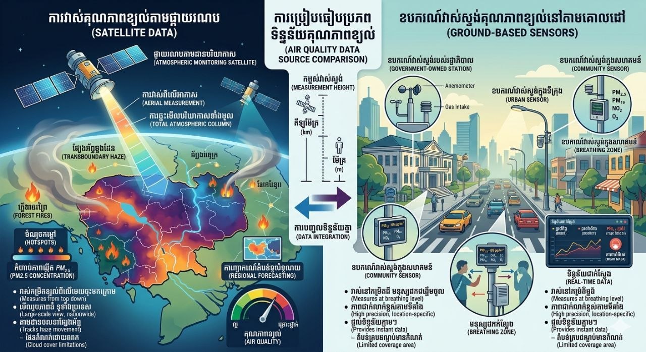 Satellite Data និង Ground Based Sensors លើការវិភាគគុណភាពខ្យល់